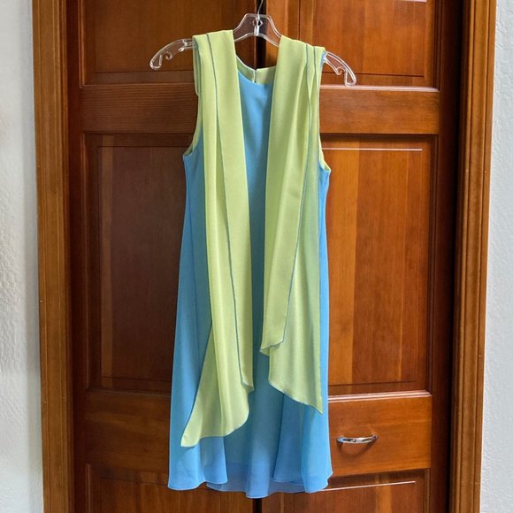 Boutique Geary Roark Kamisato Sleeveless Dress blue/lime green w/scarf - Size 10 - Picture 2 of 13